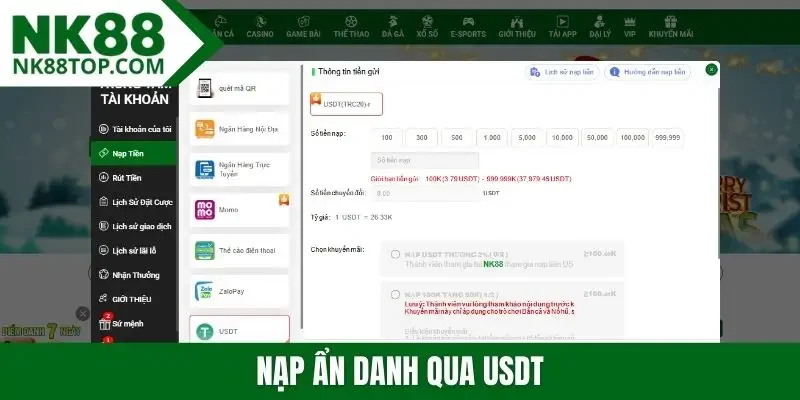 Nạp ẩn danh qua USDT