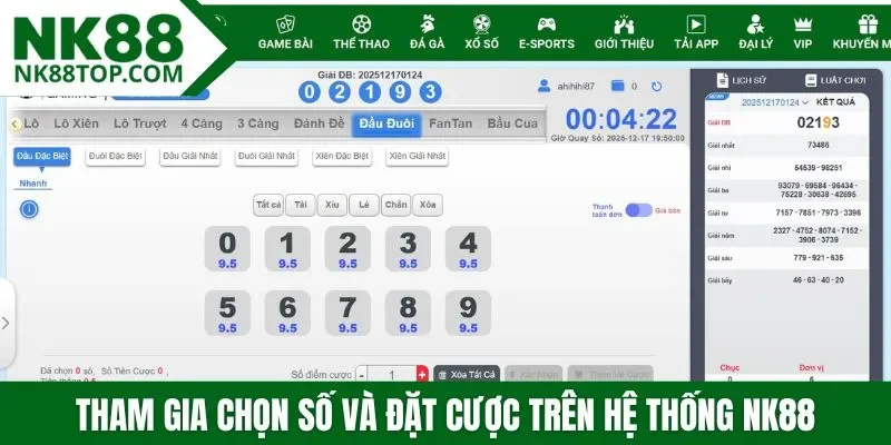Tham gia chọn số và đặt cược trên hệ thống NK88